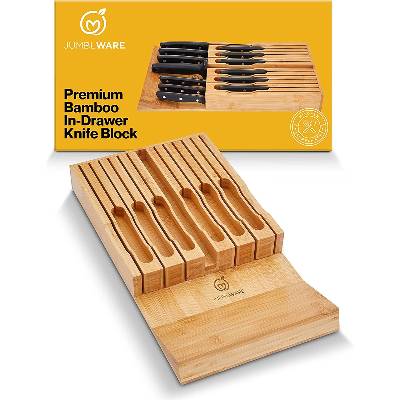 JumblWare Bamboo Knife Block, 17"x 9"x2" Wooden Knife Drawer Organizer for 12 Steak Knives